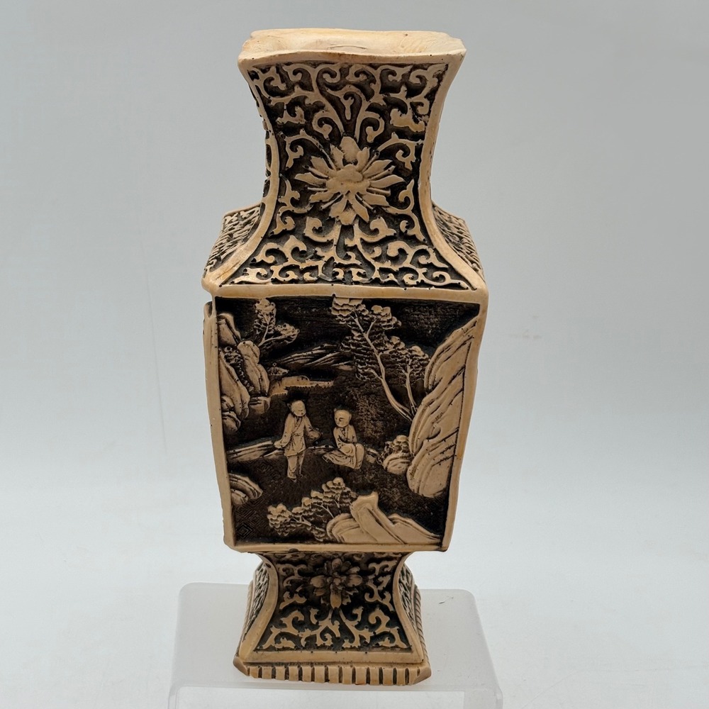 Vintage Chinese Style Resin Vase Faux Cinnabar Relief Carving Landscape Figures